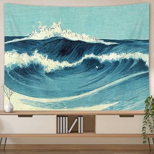 NYMB Retro Ocean Tapestry Wall Hanging, Vintage Blue Watercolor