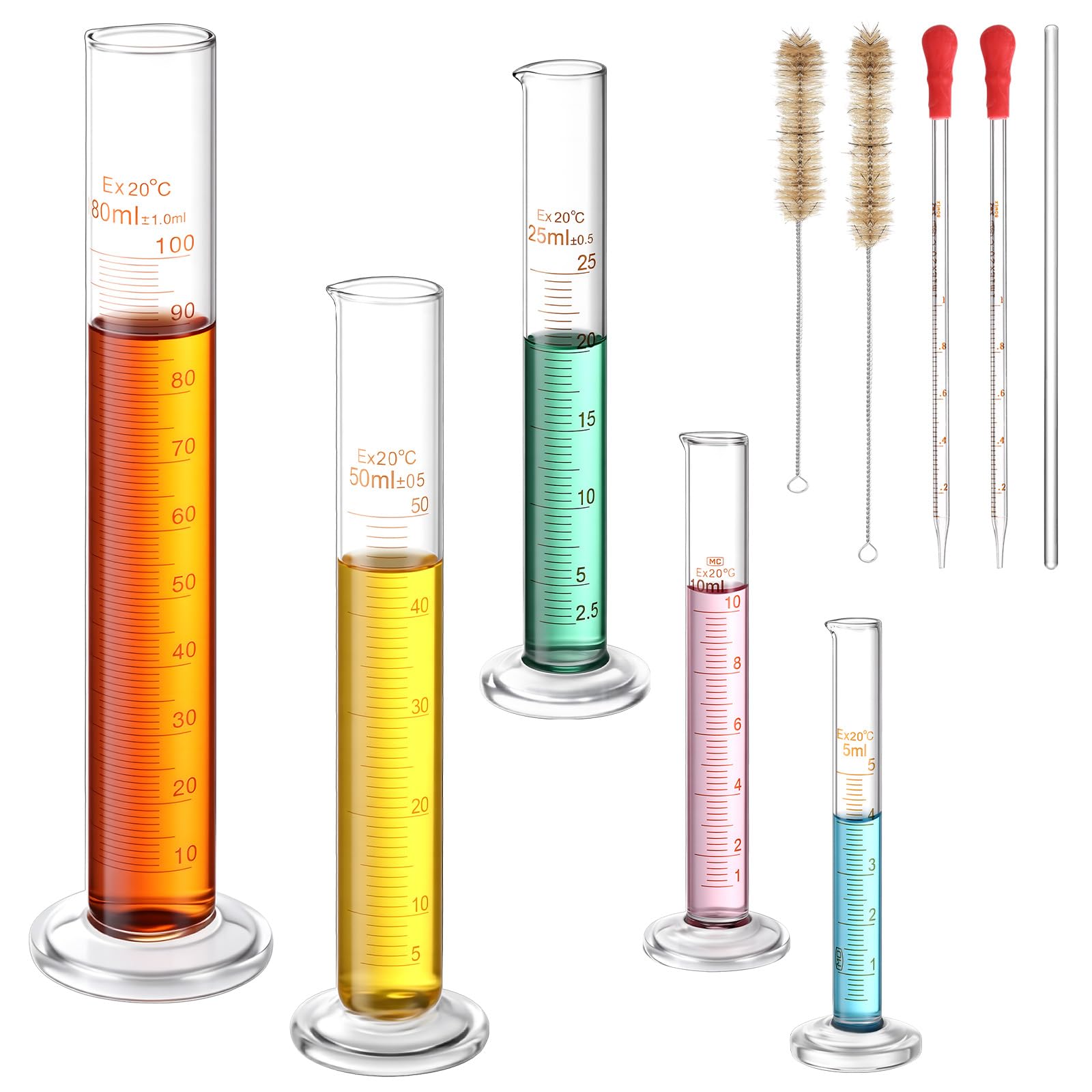 Photo 1 of Jetec 10 Pcs Thick Glass Graduated Measuring Cylinder Set 5ml 10ml 25ml 50ml 100ml Glass Graduated Measuring Cylinder with 2 Brushes, 2 Droppers and 1 Stirring Rod