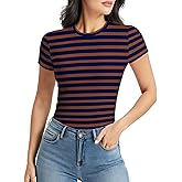 YumiDay Striped Shirt Women Short Sleeve, Crewneck T-Shirts for Woman Stripes, Fitted Ribbed Tee Stretchy