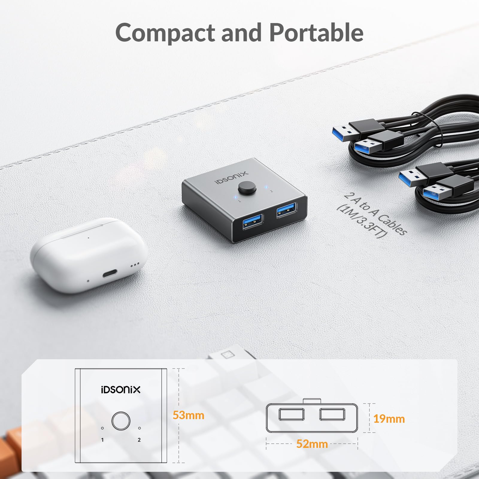 iDsonix USB 3.0 Switch Aluminum, Bi-Directional USB Switcher 1 in 2 Out (2 in 1 Out), USB Switch 2 Computers Share 1 Device for Printer Mouse Keyboard, USB Sharing Switch Support CarPlay,Android Auto