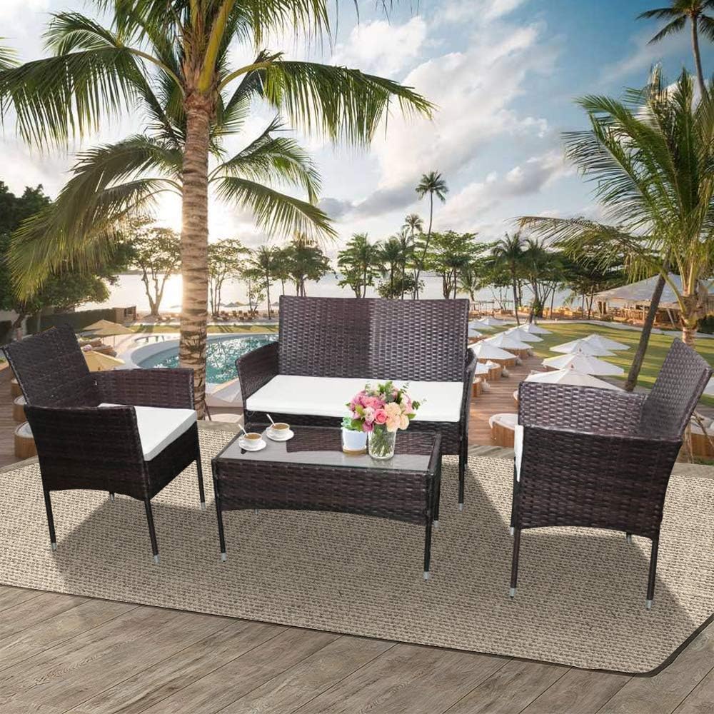 Amazon Com Linkromat 4 Piece Outdoor Furniture Set Wicker Patio Garden Pool Lawn Brown Garden Outdoor