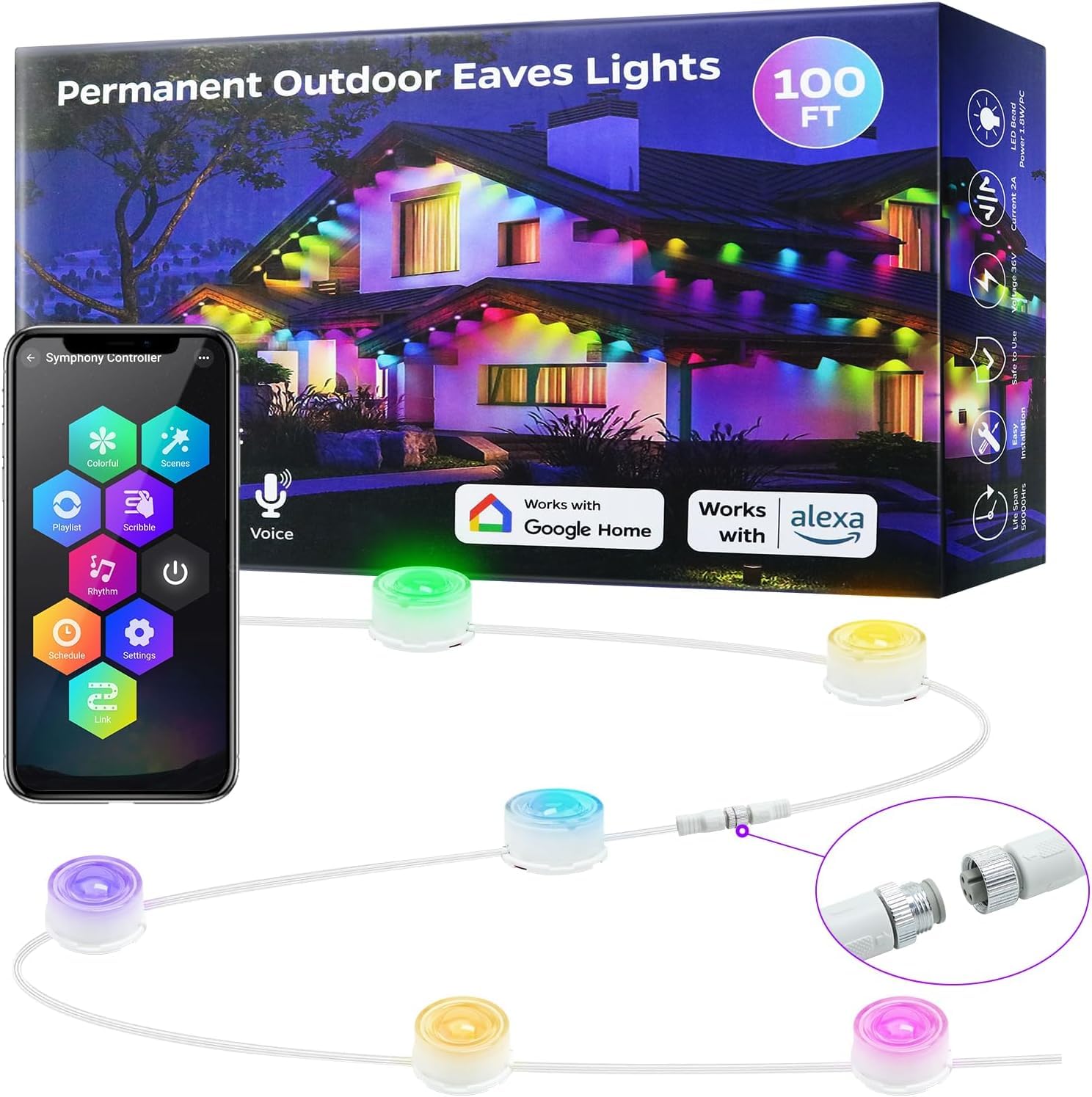 Callsky Outdoor Lights - 30m, 72 LED Eaves Lights with 70 Scene Modes, Smart RGBIC, Works with Alexa & Google Home, IP67 Waterproof for Parties & Christmas Decoration