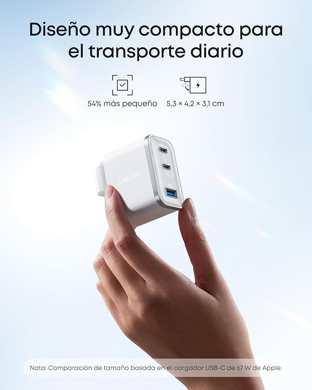 Nano Cargador USB C 70W con 3 Puertos Plegable GAN