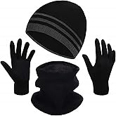 3 Pcs Winter Beanie Hat Scarf Touchscreen Gloves Set for Men Women Skull hat Gloves Neck Warmer Set with Fleece Lined