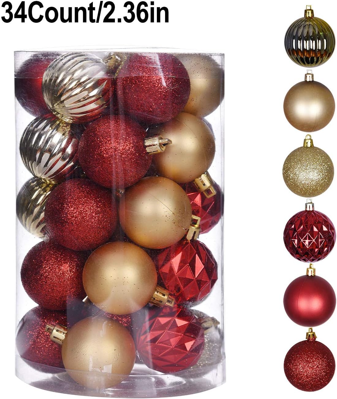 XINJIANGNAN Christmas Balls Ornaments Shatterproof Hanging Ball Tree Decorations for Holiday Wedding Party (Golden+Red, 2.36 in)