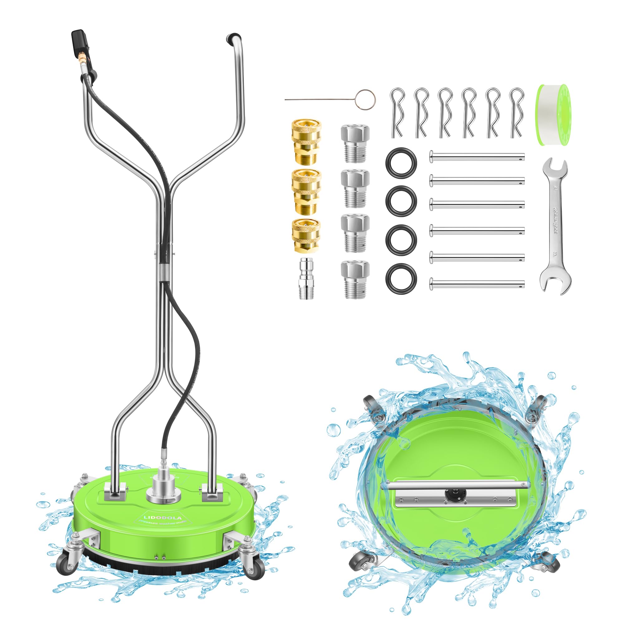 Photo 1 of 20" Pressure Washer Surface Cleaner with 4 Wheels - Coated Green Dual Handle Stainless Steel Surface Cleaner for Pressure Washer Attachment for Concrete, Patio, Sidewalk, Deck and Driveways - PWS20G