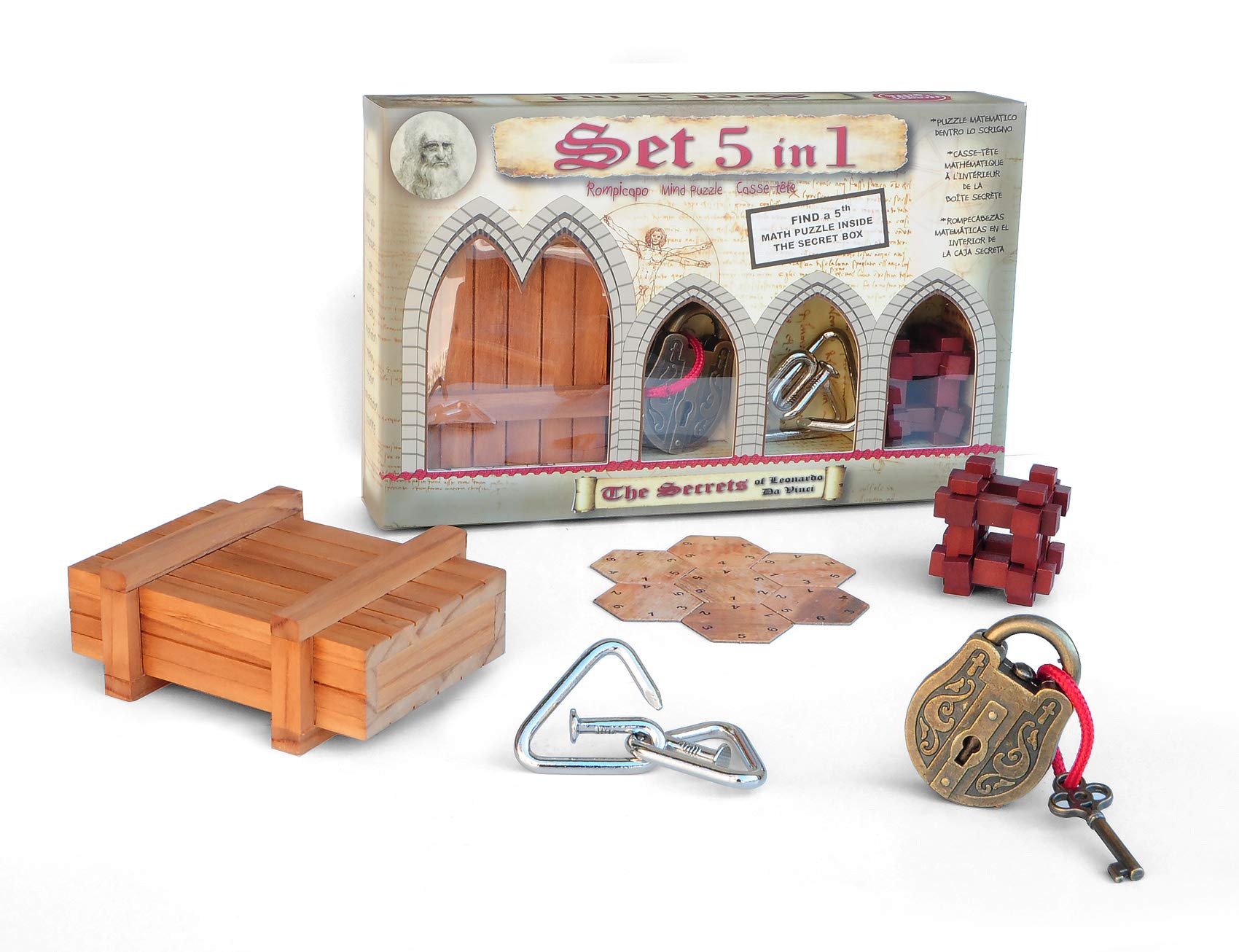Logica Puzzles Art. Set 5 Mind Puzzles in 1-2 Wooden Puzzles + 2 Metal Puzzle + 1 Math Puzzle - Mixed Difficulties - Leonardo da Vinci Collection