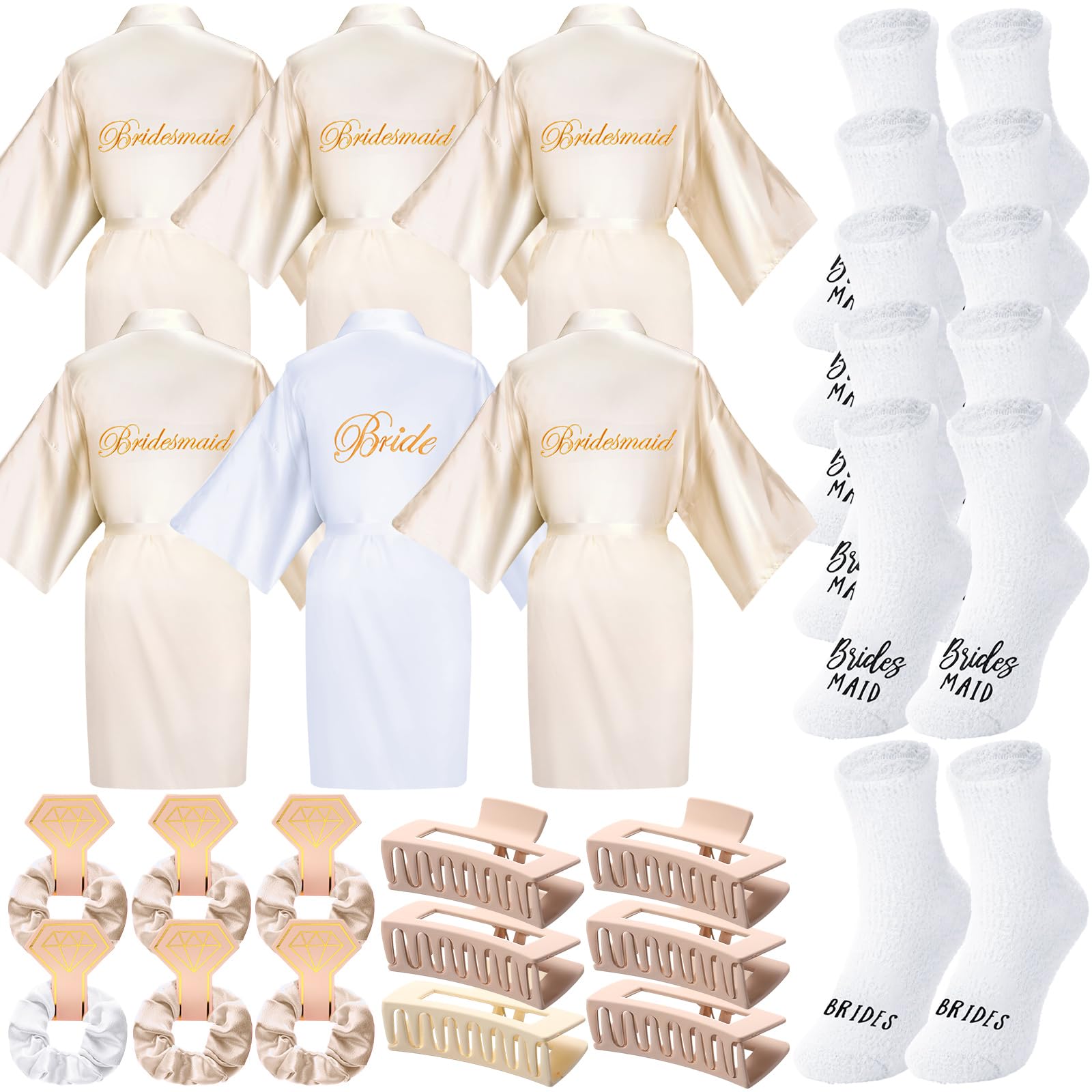 Photo 1 of Bonuci 24 Pcs Bride Bridesmaid Robes Set of 6 Bridal Silk Satin Robes for Wedding Bachelorette Party Bridal Shower Gifts(White and Champagne)