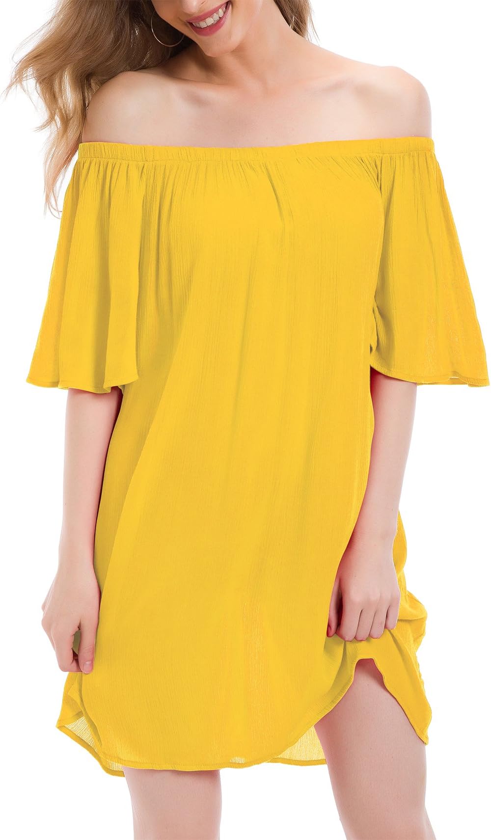 Tsher Women's Solid Color Short Sleeve Summer Casual Loose Off Shoulder Mini Dress 0023 (Yellow, XL)