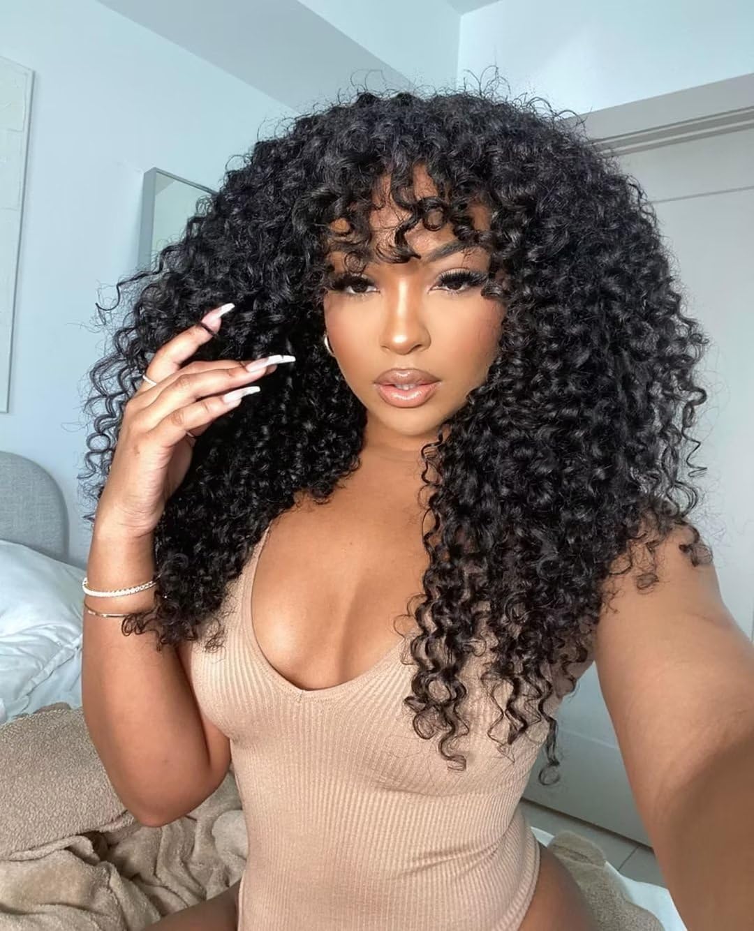 Kinky Curly Human Hair Wigs with Bangs None Lace Front Wigs Human Hair for Black Women 150% Density Machine Made Brazilian Virgin Hair Wigs Natural Color 18 inch