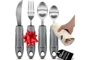 BUNMO Adaptive Utensils for Elderly, Arthritis, Weak Hand Grip & Handicapped - 4 Piece Set - Convenient Travel Pouch - Lightweight - Arthritis Gifts for Seniors Over 80 - Gifts for Disabled Adults