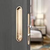 gifsin Privacy Pocket Door Lock Hardware,Recessed Sliding Door Handle with Lock,Hidden Door Lock with Door Edge Pull Fit for 1-3/8" to 1 3/4" The Thickness of Wooden Door-Gold