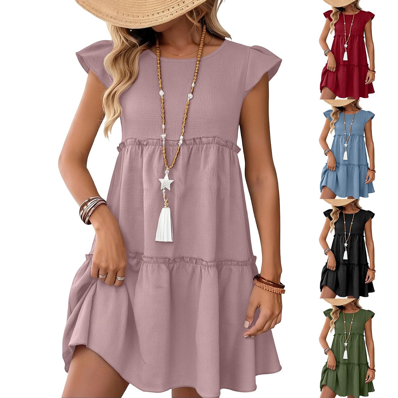Summer Cap Sleeve Mini Dress for Women Ruffle Babydoll Mini Dress Sleeveless Swing Flowy Sundress Engagement Outfits Cinco de Mayo Outfit Vestidos Verano para Mujer 2026