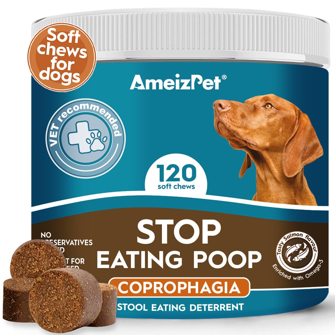 AmeizPet No Poo Treats for Dogs Stop Stool Eating Dog, Coprophagia Deterrent For Dog, Stop Dogs Eating Poop Deterrent, Digestive Enzymes, 120 Soft Dog Treats, 270g (9.5 Oz)