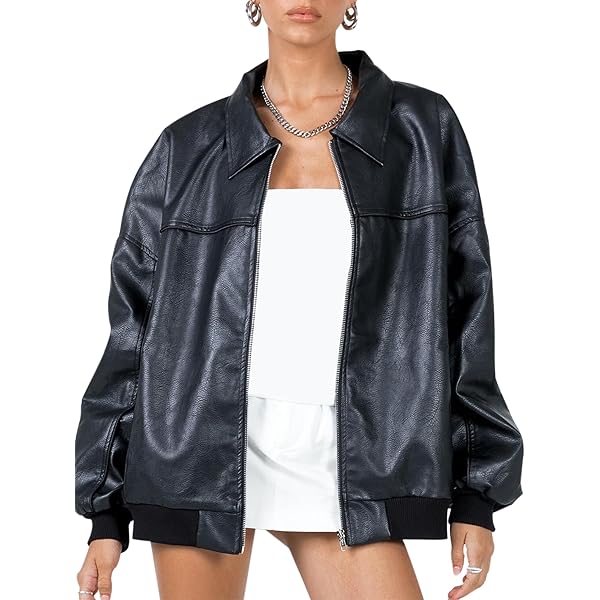 Fiacafyo Women Faux Leather Jacket Long Sleeve Lapel Collar
