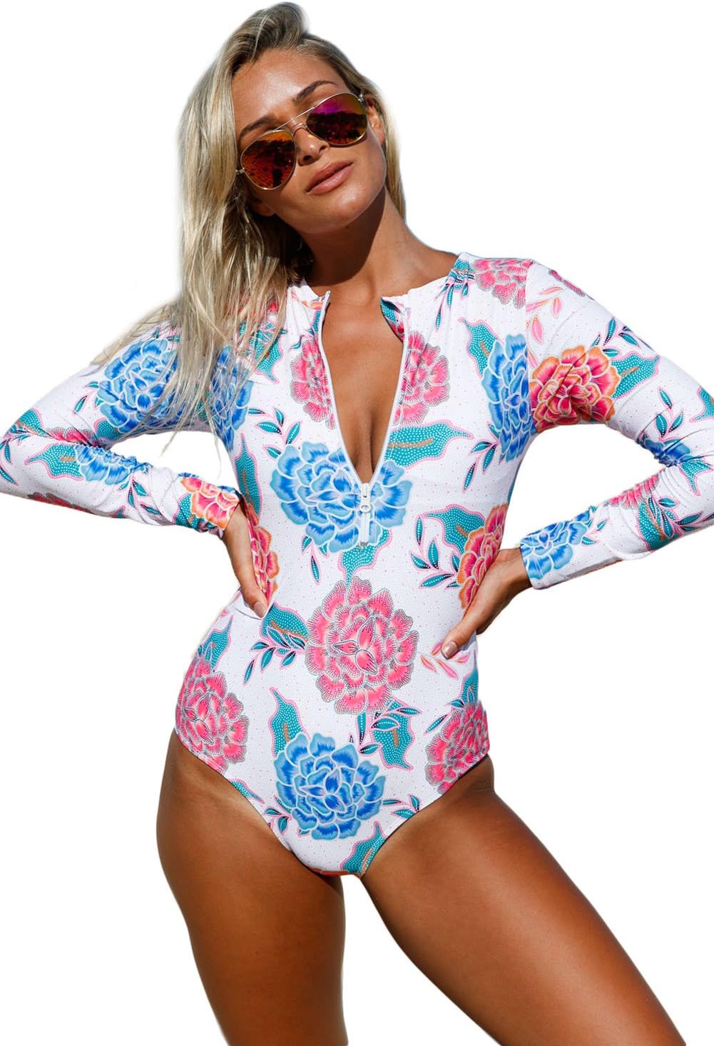 Anloli Womens Zip Front Printed Long Sleeve One Piece Swimsuit Small Size