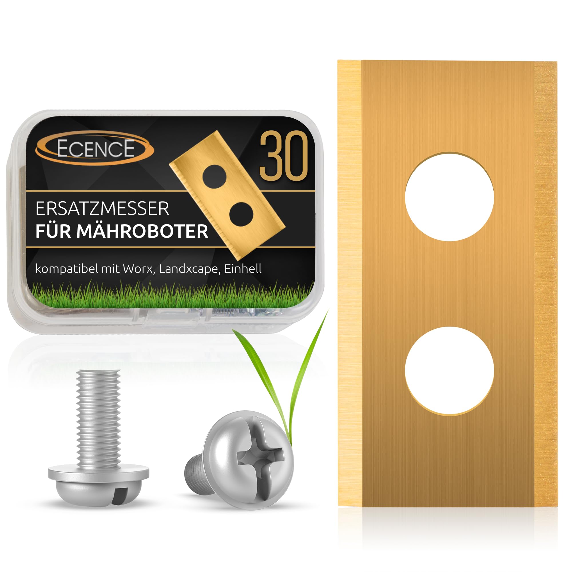 ECENCE Replacement Blades Titanium Coated for Automatic Cordless Lawnmower 30x Robotic Mower Blade, Knifes Compatible with Worx Landroid LandXcape Models + Screws