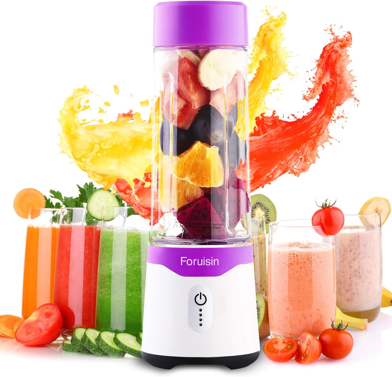 Foruisin Portable Personal Size Blender USB Rechargeable Juicer Cup Fast Mixing Fruit Shakes and Smoothies with Charging Head and Six Blades 500ML 4000mAh BPA-Free (Purple)