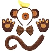Maiteenly 5 Pcs Monkey Costume Set for Adult Women Men, Ear Tail Headband Nose Glove Paw Bow Animal Halloween Accessories