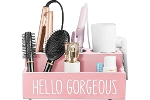 Bivvclaz Hair Tool Organizer, Wooden Hair Dryer Holder Countertop, Wall Mount Hot Tools Organizer for Hair Styling Accessories, Bathroom Supplies Vanity Caddy for Curling Wand, Blow Dryer, Pink