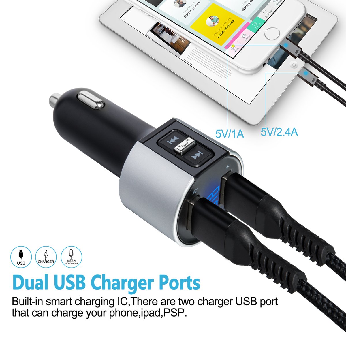 FM transmitter,bluetooth Handsfree Car Kit,Wireless Radio Audio Adapter,Car MP3 Player with Dual USB Port Car Charger