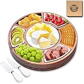 360° Rotating Lazy Susan Cheese & Charcuterie Board Set - 13.5" Acacia with Built-in Slate Chiller, 3 Ceramic Bowls & 2 Cheese Knives - Housewarming, Birthday & Wedding Gift