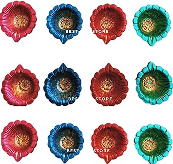 Best Buy Store | Diwali Diya Colorful Handmade Earthen Clay Diyas Set for Diwali Lighting Decoration (Set of 12, Multicolor) with 1 PKT Diya BATTI