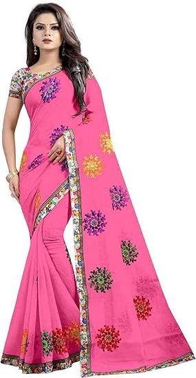 Pink colour Designer Embroidered Saree Cotton Blend fabric with Blouse Piece