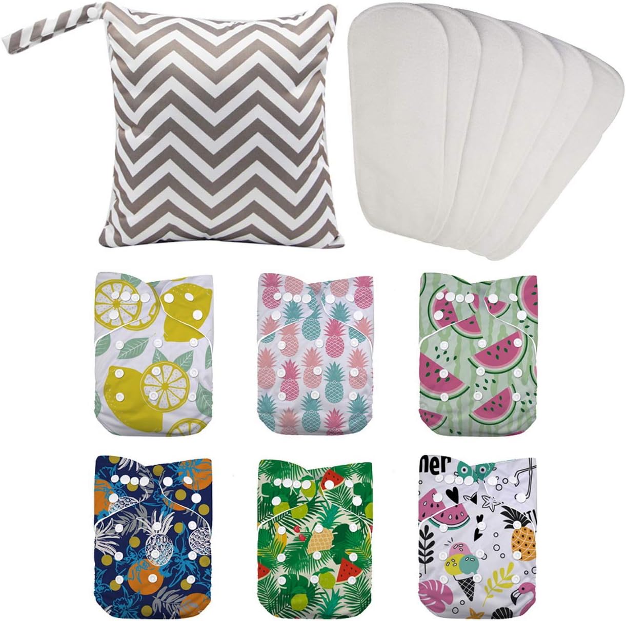 Kueimovi Baby Cloth Diapers for Girls Boys, One Size Reusable Washable Pocket Nappy, 6pcs Diapers+ 6pcs Microfiber Inserts+1 Wet Bag
