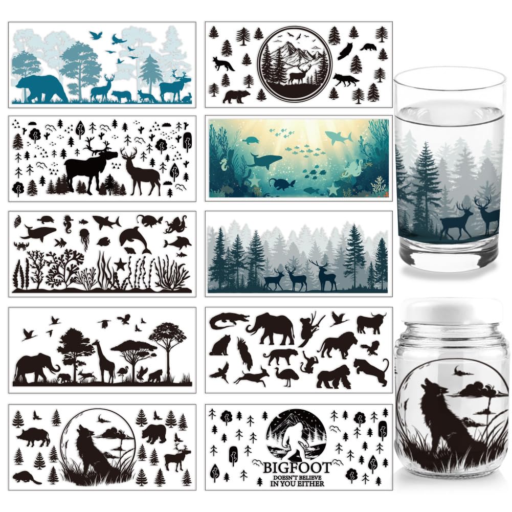 arricraft 10 Sheets Animal Silhouettes UV DTF Cup Wrap, Deer Woof Ocean Fishes Rub on Decals Forest Bird Waterproof PVC Transfer Stickers for DIY 16OZ Glass Cups