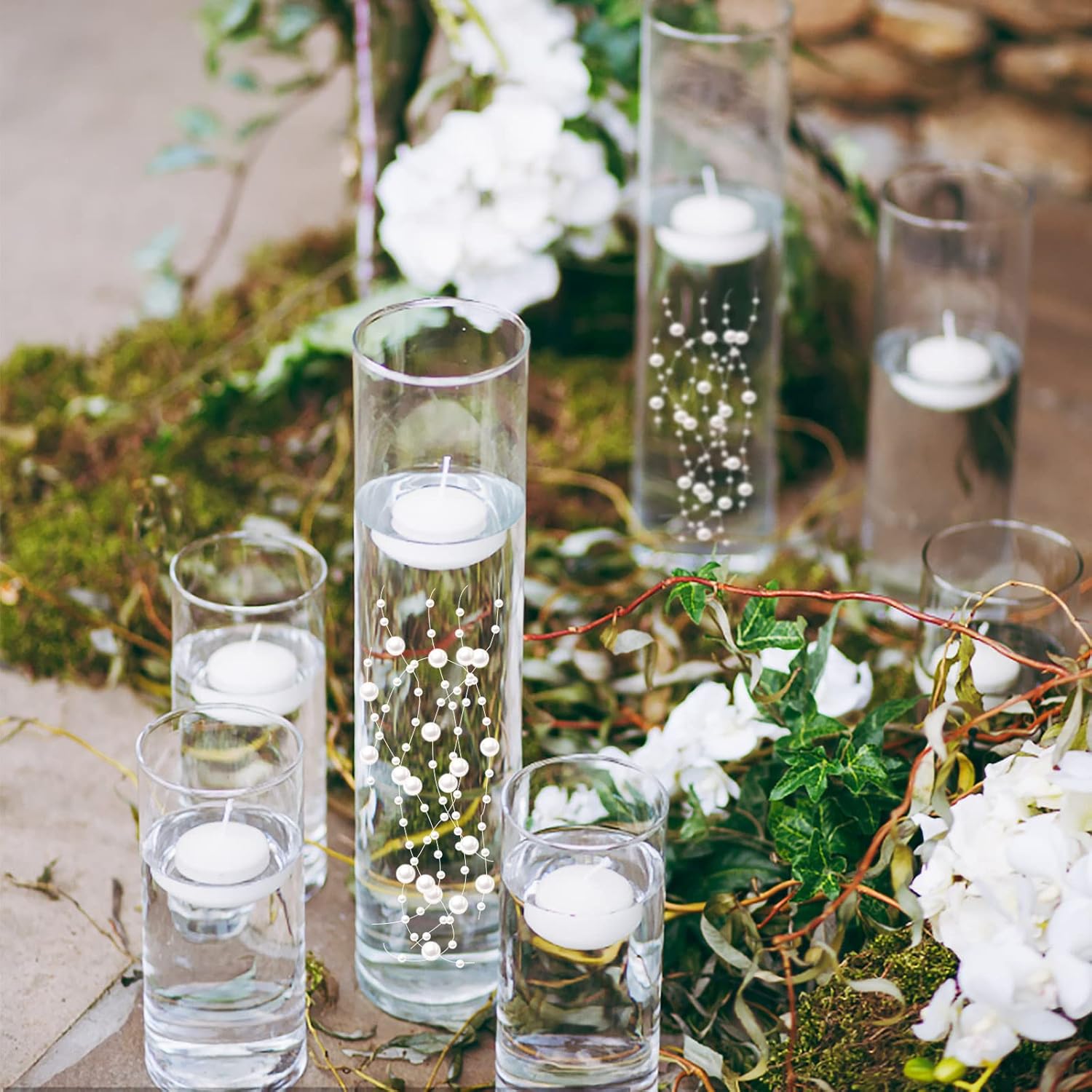 Vase Fillers - 50Pcs Pearl Strings for Floating Candles, Floating-Effect Faux Pearls for Vase Filler, Centerpiece Table Decorations for Wedding, Party, Event (White)