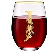 Unique Stemless Floral Monogram Wine Glass Engraved-Initial Wine Cup for Red or White 15oz Wine Glass Cup Letter J- Gifts for Women Men Birthday Christmas Gifts Wedding Bridesmaid Proposal