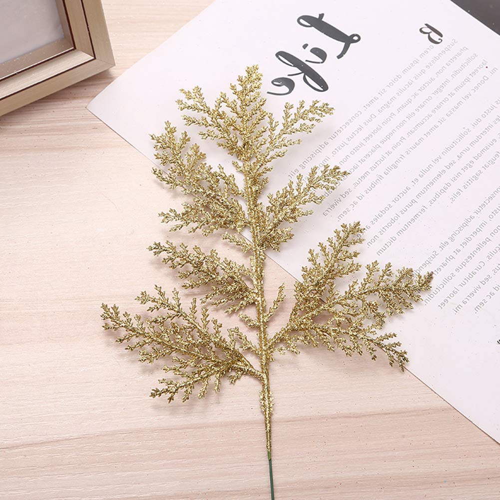 HANTURE 12pcs Artificial Christmas Leaves Picks Gold Glitter Pine Needles Branches DIY Accessories Simulated Fern Leaf Christmas Floral Picks for Xmas Tree Wreath Wedding Decoration