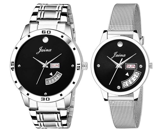 Jainx Black Dial Day & Date Analogue Watch for Men, Women & Couple - JC451