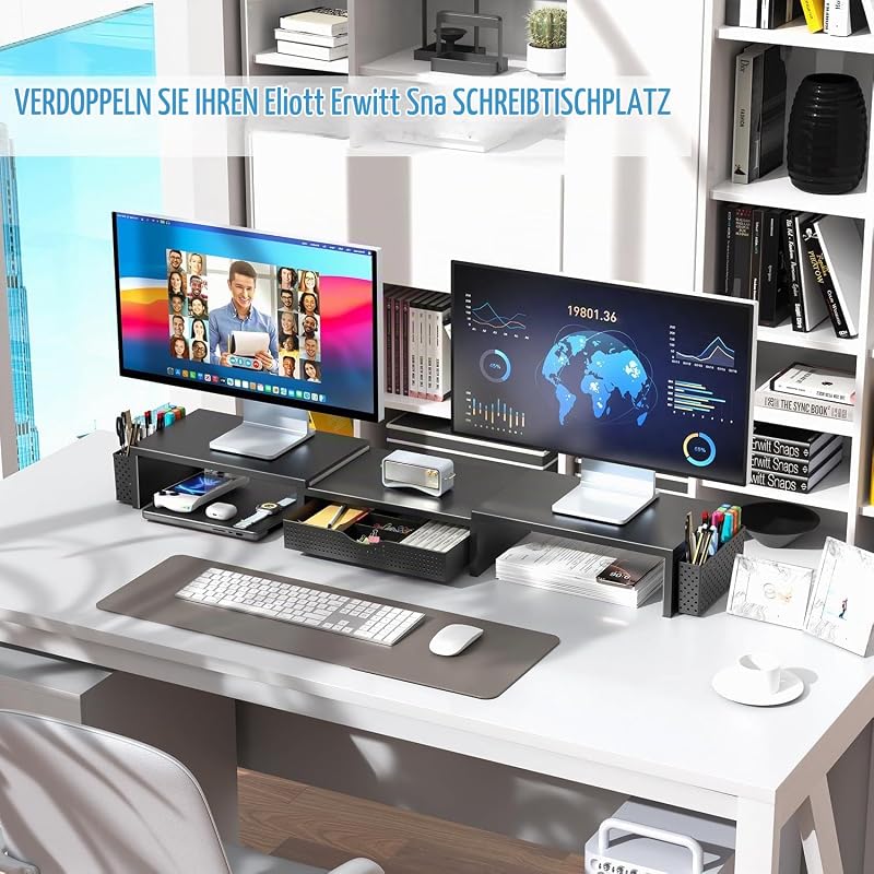 Doppel Monitorständer, Metall Monitor Erhöhung mit Schublade und 2 Stifthaltern, einstellbare Länge und Neigung – Dual Monitor Stand Riser für Laptop, PC, Computer, Drucker (Schwarz)