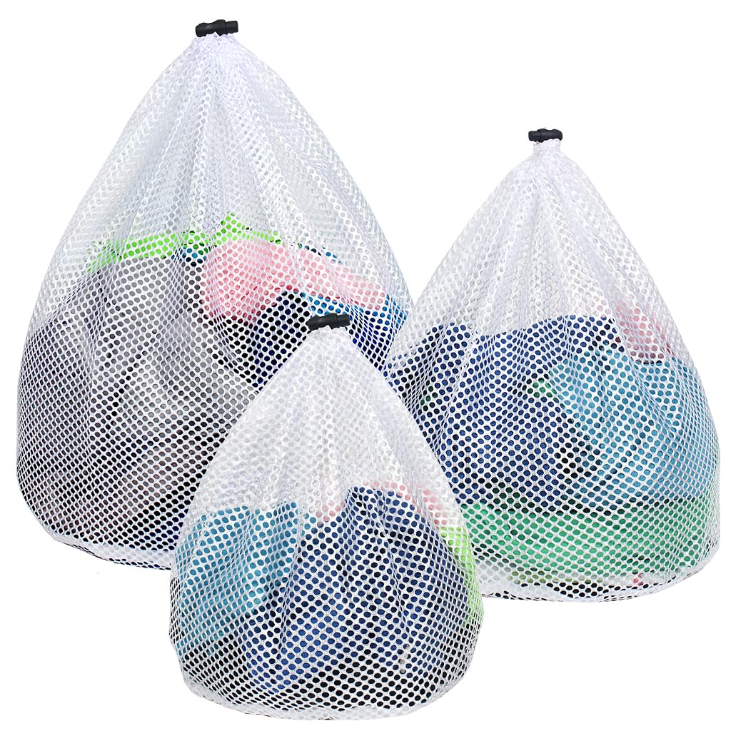 YICOTA Mesh Laundry Bags 3 Pack Drawstring Net Bags in 3 Sizes White Wash Bags for Washing Machine Organizer Washing Bags for Clothes Underwear Bedding