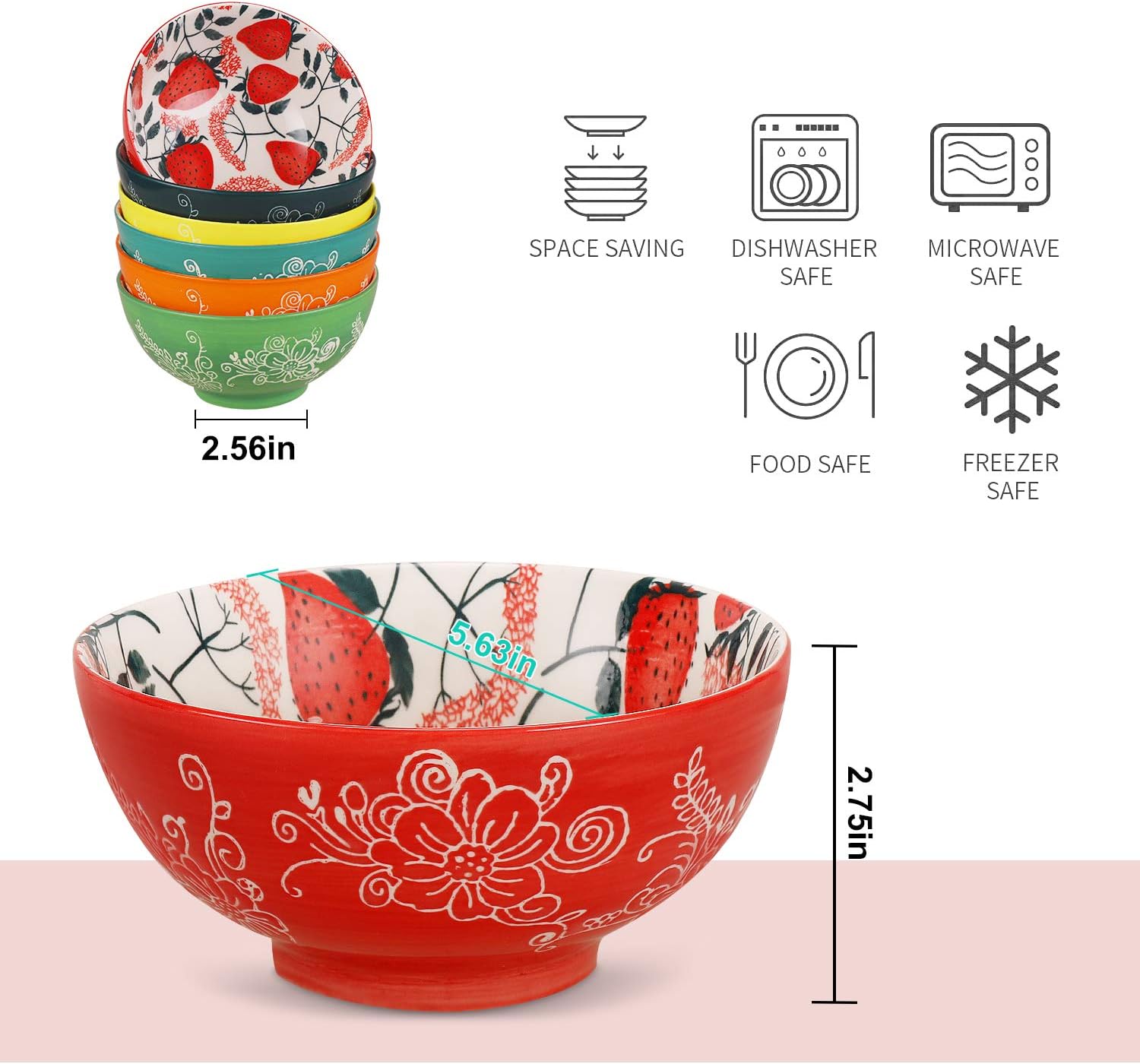 DeeCoo Porcelain Bowls Set (18-Ounce, 6-Piece) - Bowls for Cereal, Soup, Salad, Pasta, Fruit, Ice Cream Bowls Service - Microwave and Dishwasher Safe, Assorted Designs: Kitchen & Dining