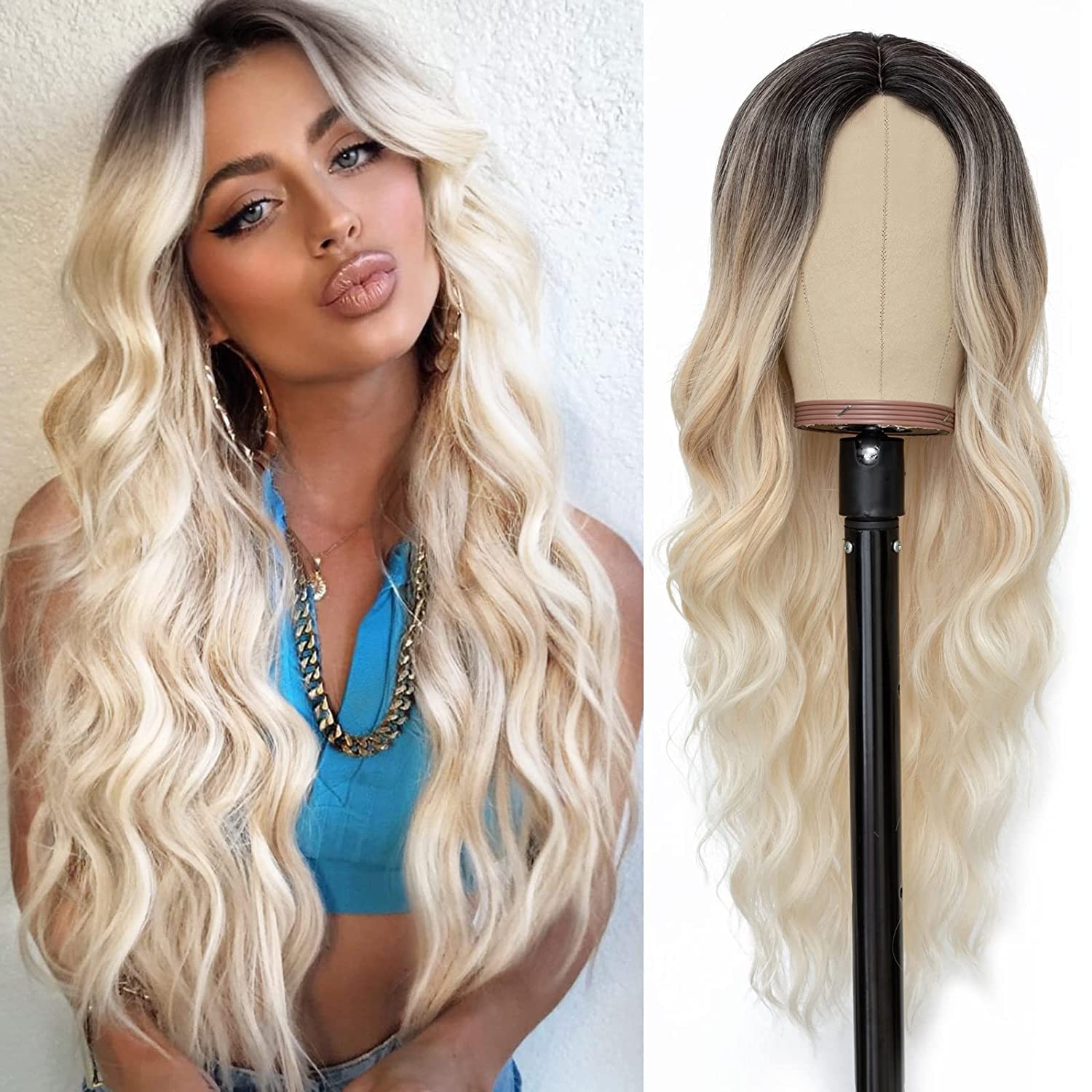 PORSMEER Blonde Wigs for Women Ombre Blond Ash Long Wavy Curly Wig with Dark Brown Roots Middle Part Wig for Everyday or Cosplay Party (Blonde with Dark Root) — image 1