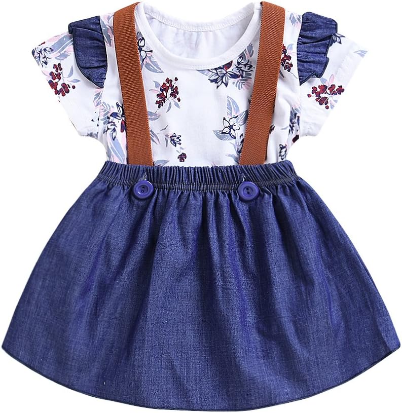 Toddler Girls Outfits 2pcs Baby Romper Clothes Set Girl Floral Jumpsuit+Strap Skirt Outfits
