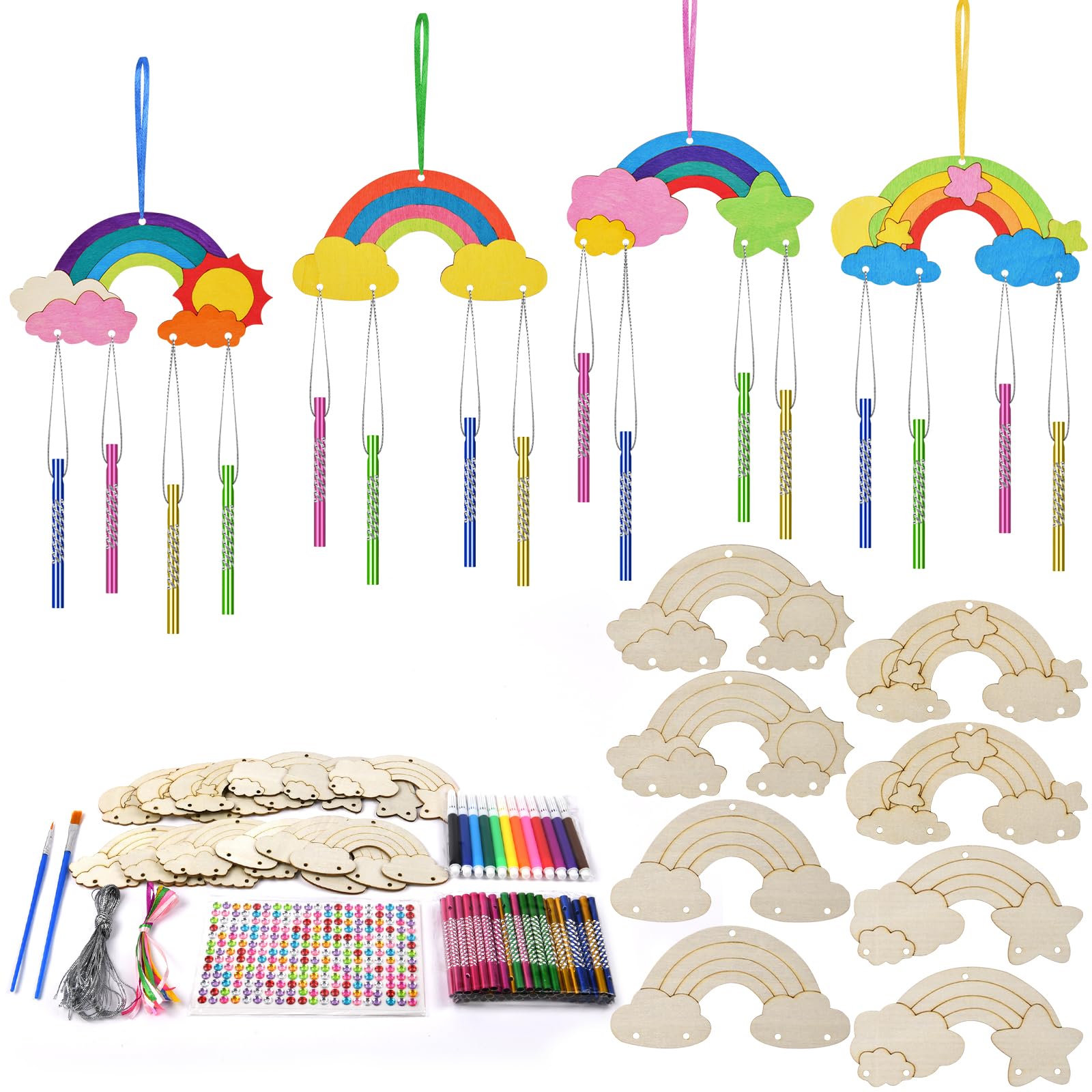 Ainiv 12 Pack Rainbow Wind Chime Crafts, DIY Paint Wooden Windchimes, Rainbow Decorative Wind Chime Craft Set, Wooden DIY Arts and Crafts for Gifts Crafting Party Activities