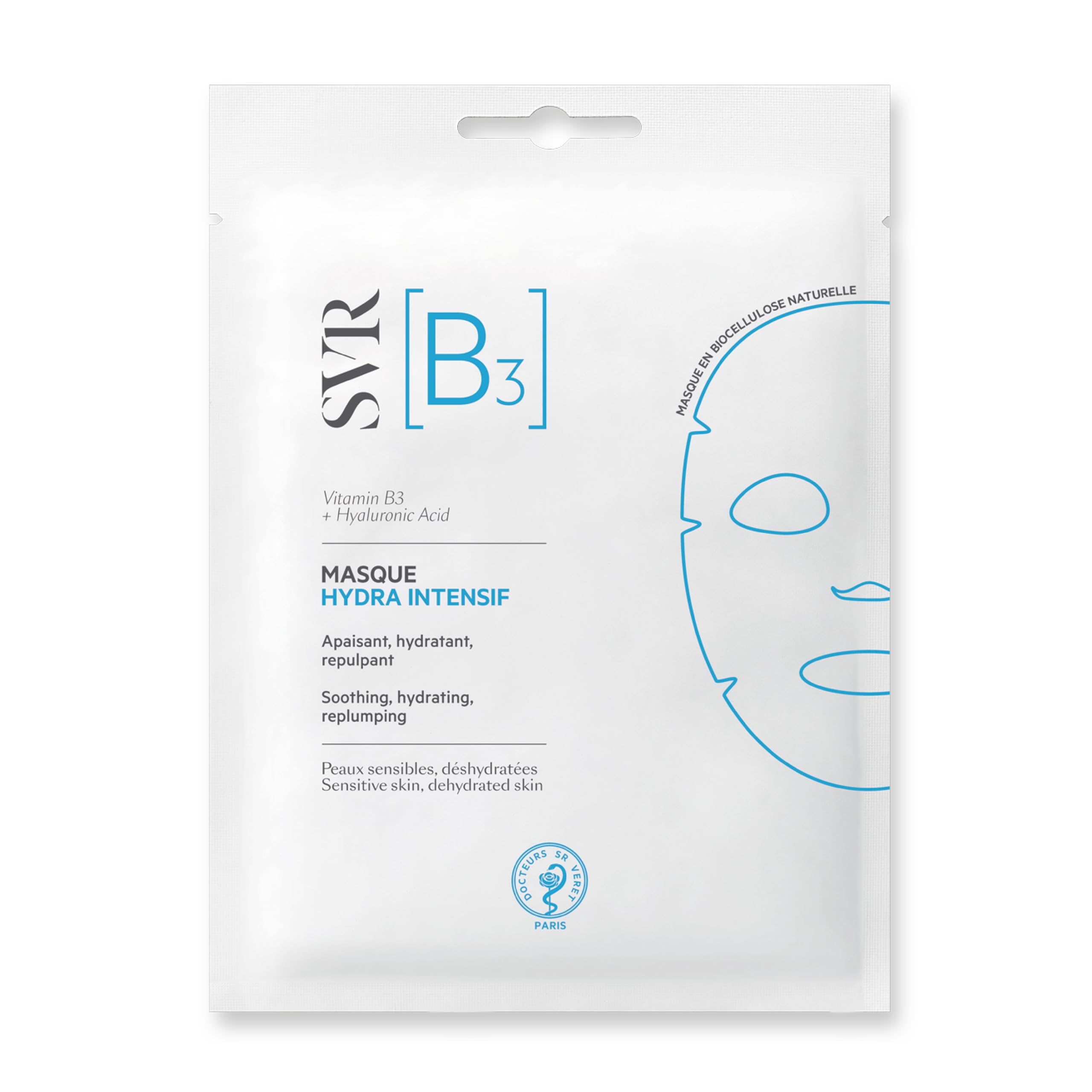 SVR [B3] Hydra Intensive Replenishing Bio-Cellulose Sheet Face Mask with Vitamin B3 and Hyaluronic Acid, Plumping, Soothing, 24hr Moisturising Care for Dehydrated Skin, 12 ml X 1