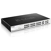 D-Link PoE+ Switch, 24 28 Port Fast Ethernet Managed Web Smart 2 Gigabit BASE-T and 2 Gigabit Combo BASE-T/SFP Ports (DES-1210-28P),Black / White