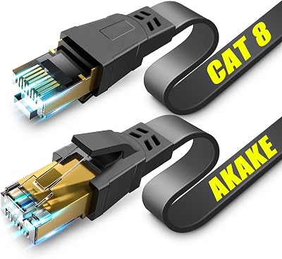 Akake Cat8 Ethernet Cable 0.5M–30M Flat Shielded Indoor Outdoor Black