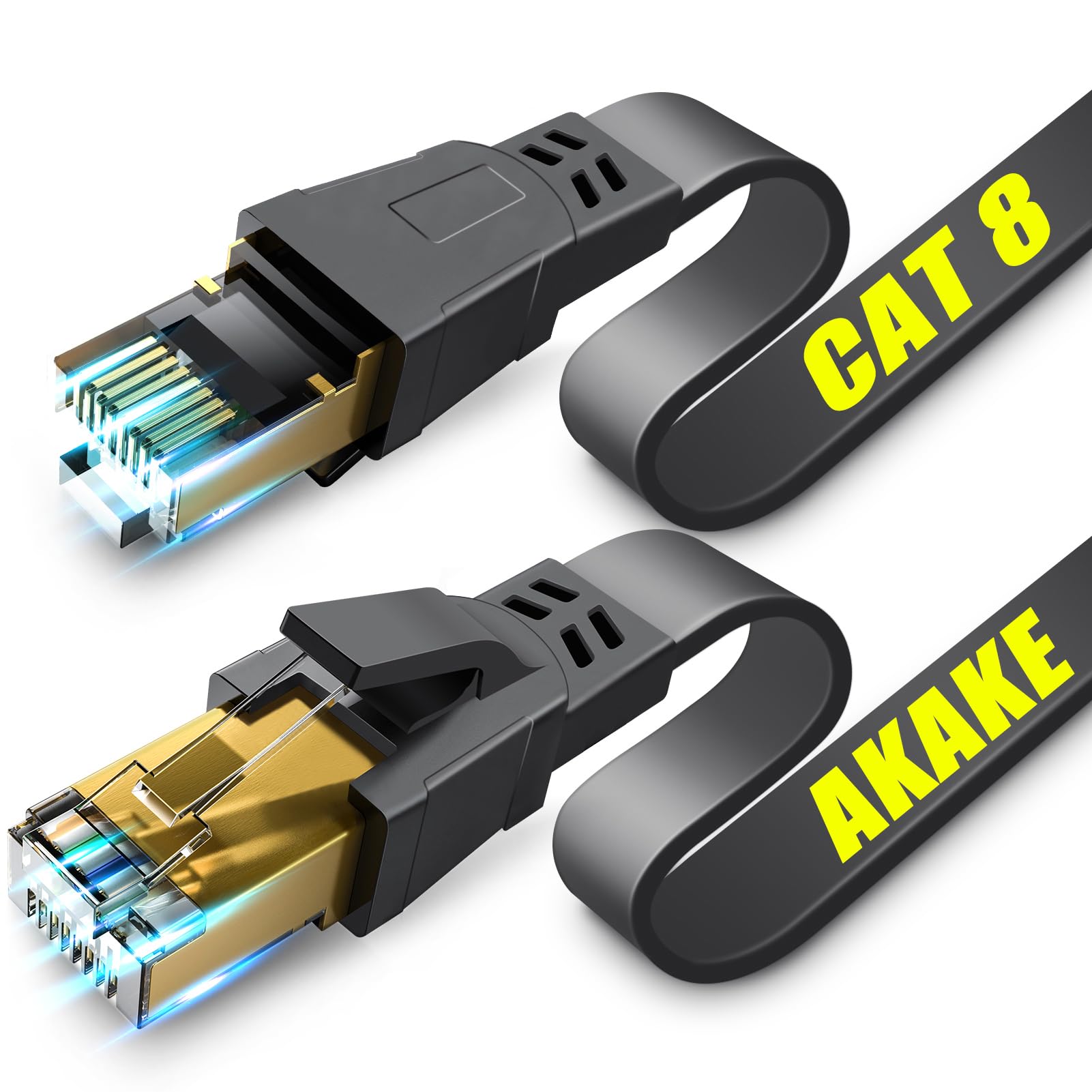 Akake Cat 8 Ethernet Cable, 10M Heavy Duty High Speed Flat Internet Network Cable, Professional LAN Cable, 26AWG, 2000Mhz 40Gbps with Gold Plated RJ45 Connector, Shielded in Wall, Indoor&Outdoor