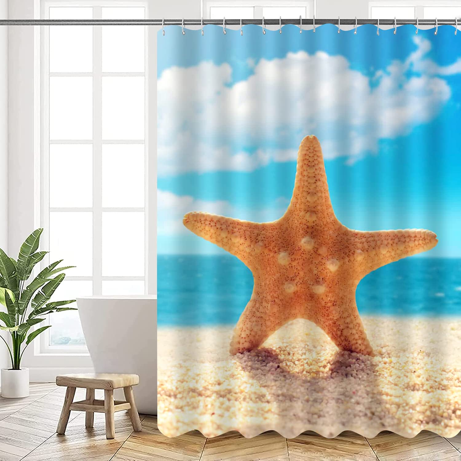 AMDXD Shower Curtain Textile Anti-Mould Washable Waterproof Bath Curtain 3D Print Beach Starfish Curtain Made of Polyester Fabric Blue 120 x 180 cm with 12 Shower Curtain Rings