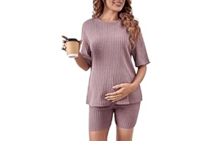 OYOANGLE Women's Maternity 2 Piece Pajama Set Rib Knit Short Sleeve Tee Top and Biker Shorts Pj Lounge Set