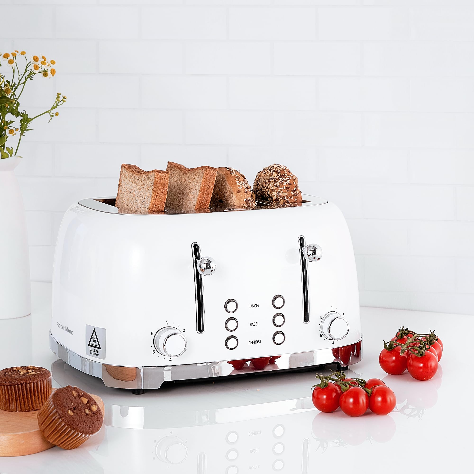 Roter Mond Tostadora Retro de 4 Rebanadas de Acero Inoxidable con Función de Cancelación de Descongelación de Bagel, 6 Configuraciones de Dorado, Ranura Extra Ancha y Bandeja Recogedor de Migas Extraíble, Blanco, ST033