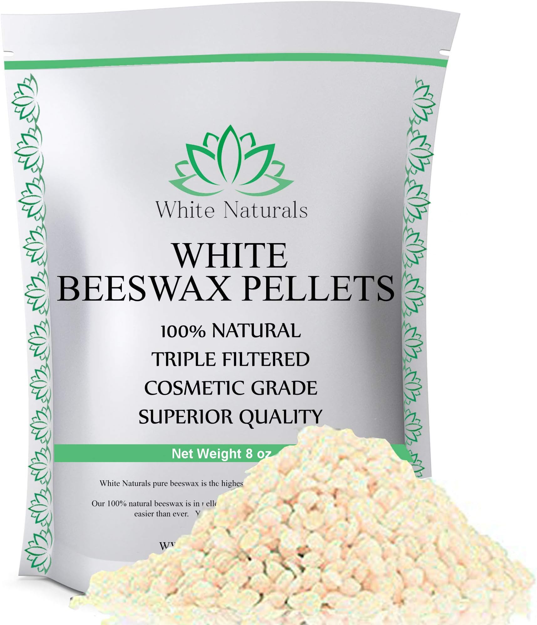 White Beeswax Pellets 8 oz, Pure, Natural, Cosmetic Grade, Top Quality Bees Wax Pastilles, Triple Filtered, Great For DIY Lip Balms, Lotions, Candles By White Naturals