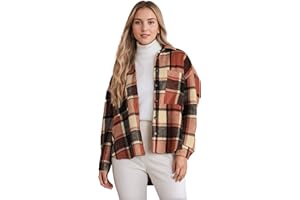 Cnlinkco Women's Casual Plaid Shacket Long Sleeve Button Down Flannel Shirts Jacket Coats with Side Pockets