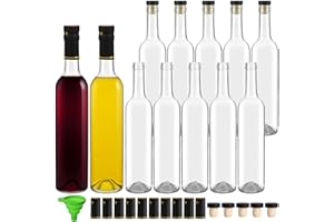 BIGIVACA Clear Wine Bottles 16 oz 500 ml - 12 Pack Glass Liquor Bottles with T-Top Caps and Shrink Capsules for Beverage, Kom